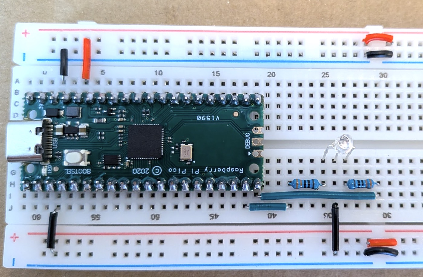 Power, LED and resistors on the big breadboard